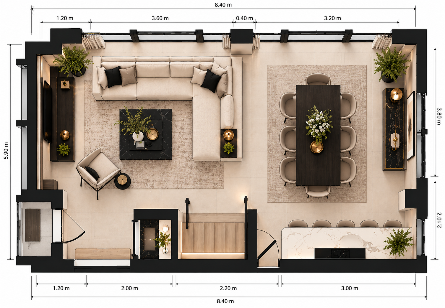 IYAYI contemporary residential 2D floor plan with dimensions